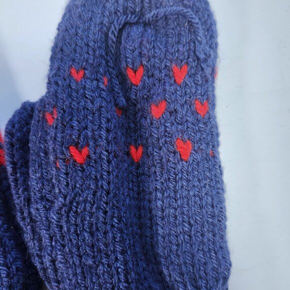 Hand Knit Mittens Lot of 2 Youth Young Adult 8.5" Long Blue with Red - Picture 3 of 7